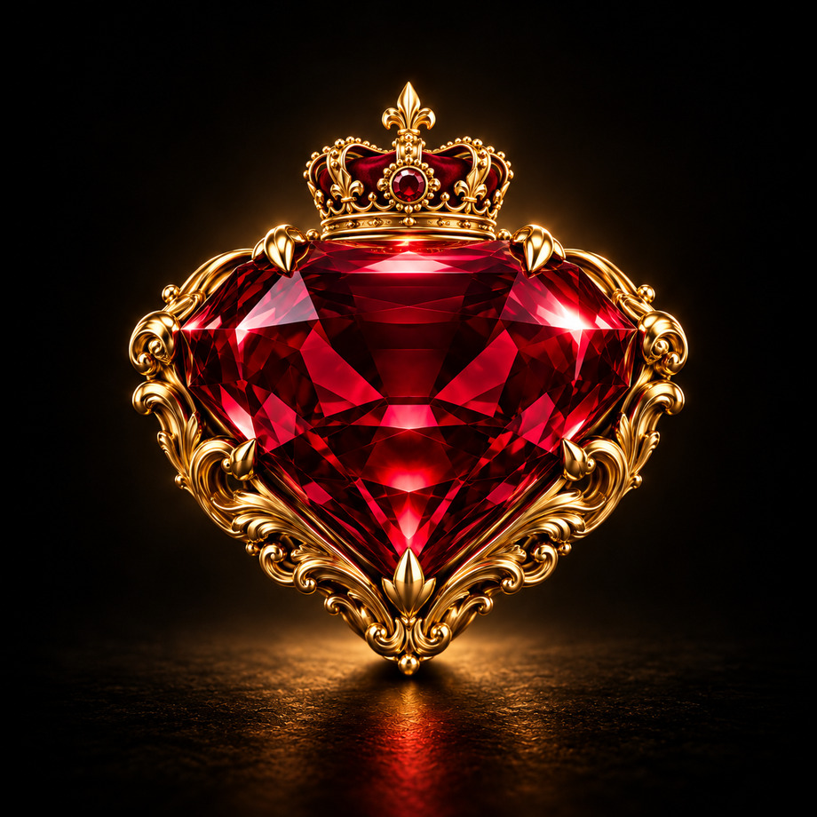 I AM THE RICHEST — a large ruby in an ornate gold setting, crowned in gold against black